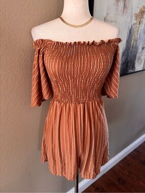 Off-Shoulder Rust Striped Romper - Women's Jumpsuit